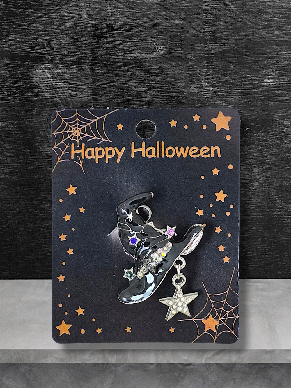 Black Witch's Hat Brooch Pin with Star Charm & Multicolored Crystals